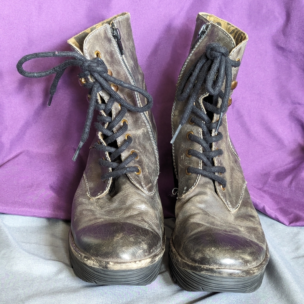 Fly London Wedge Distressed Ankle Side Zip Boots